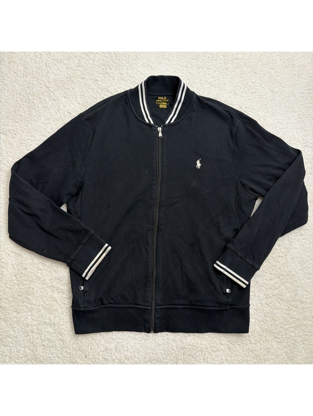 Polo Ralph Lauren Track Jacket Mens L Black Full Zip Cotton Bomber Pony Logo Y2K